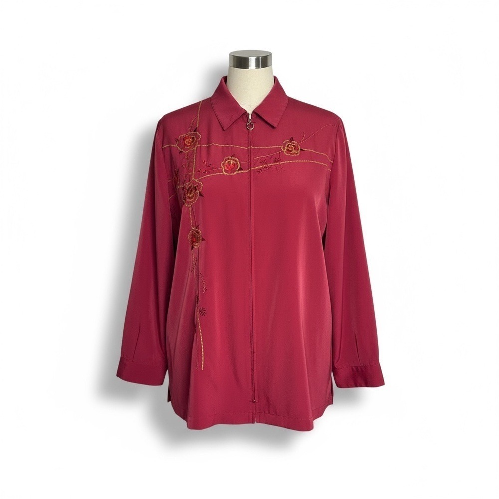Blair Boutique Red Floral Embroidered Zip Blouse Jacket | Size XL